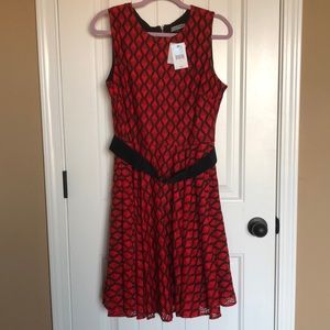 Danny and Nicole sleeveless belted fit and flare dress; red and black